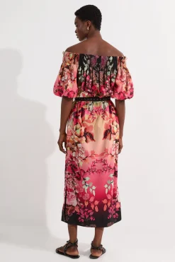 Voile Robe Mi-Longue Bardot à Motifs Floraux Miroités Tissés