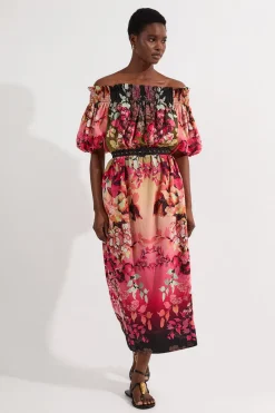 Voile Robe Mi-Longue Bardot à Motifs Floraux Miroités Tissés