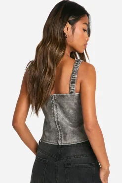 Washed Faux Leather Ruched Strap Corset devient Corset en synthétique délavé à bretelles froncées
