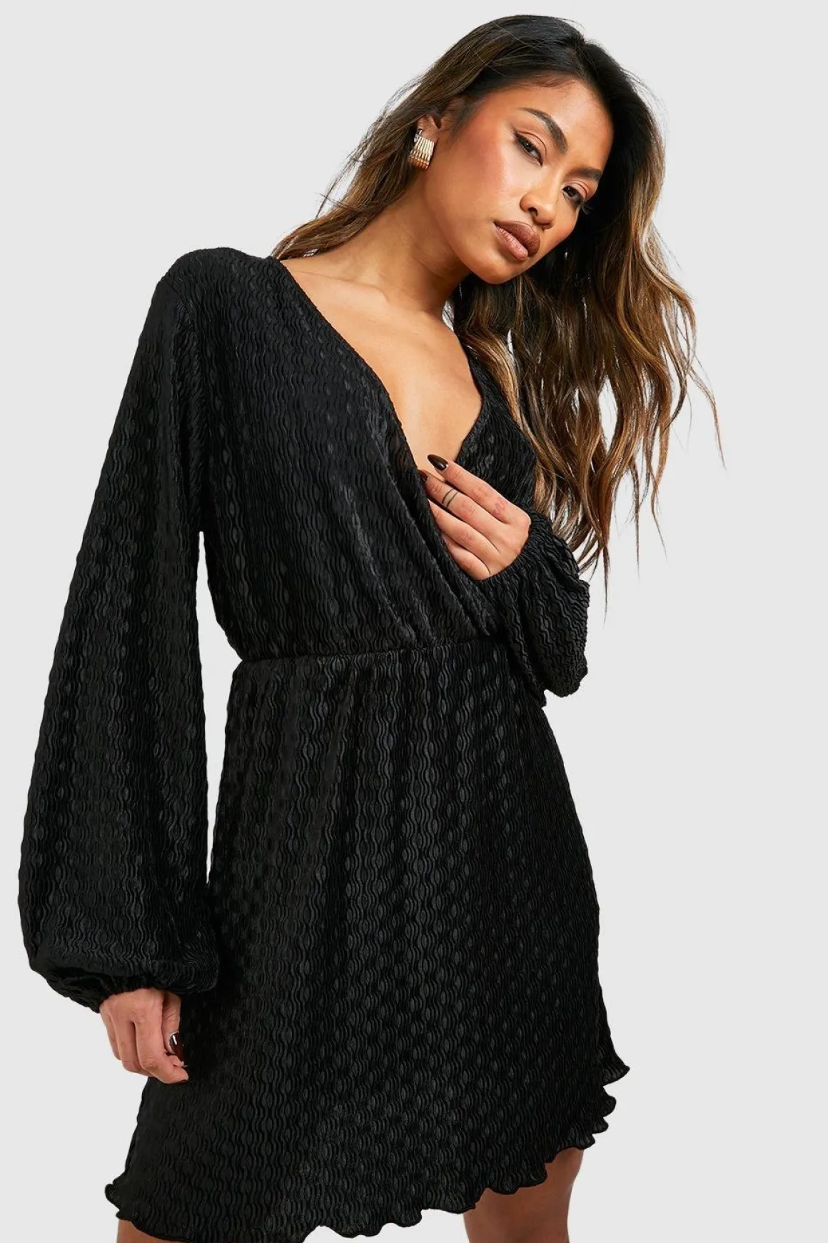 Wave Plissé Blouson Mini Dress