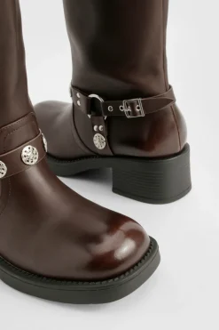 Western Style Buckle Detail Knee High Boots
