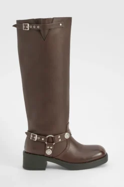 Western Style Buckle Detail Knee High Boots
