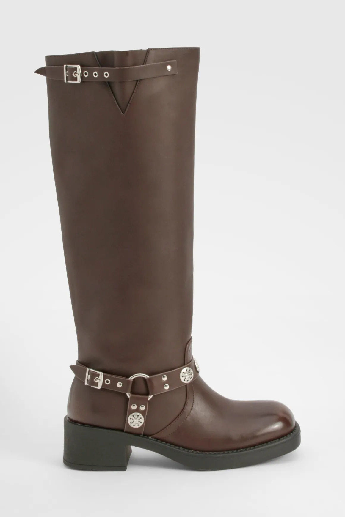Western Style Buckle Detail Knee High Boots