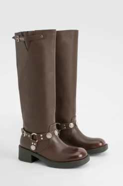 Western Style Buckle Detail Knee High Boots