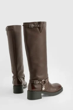 Western Style Buckle Detail Knee High Boots