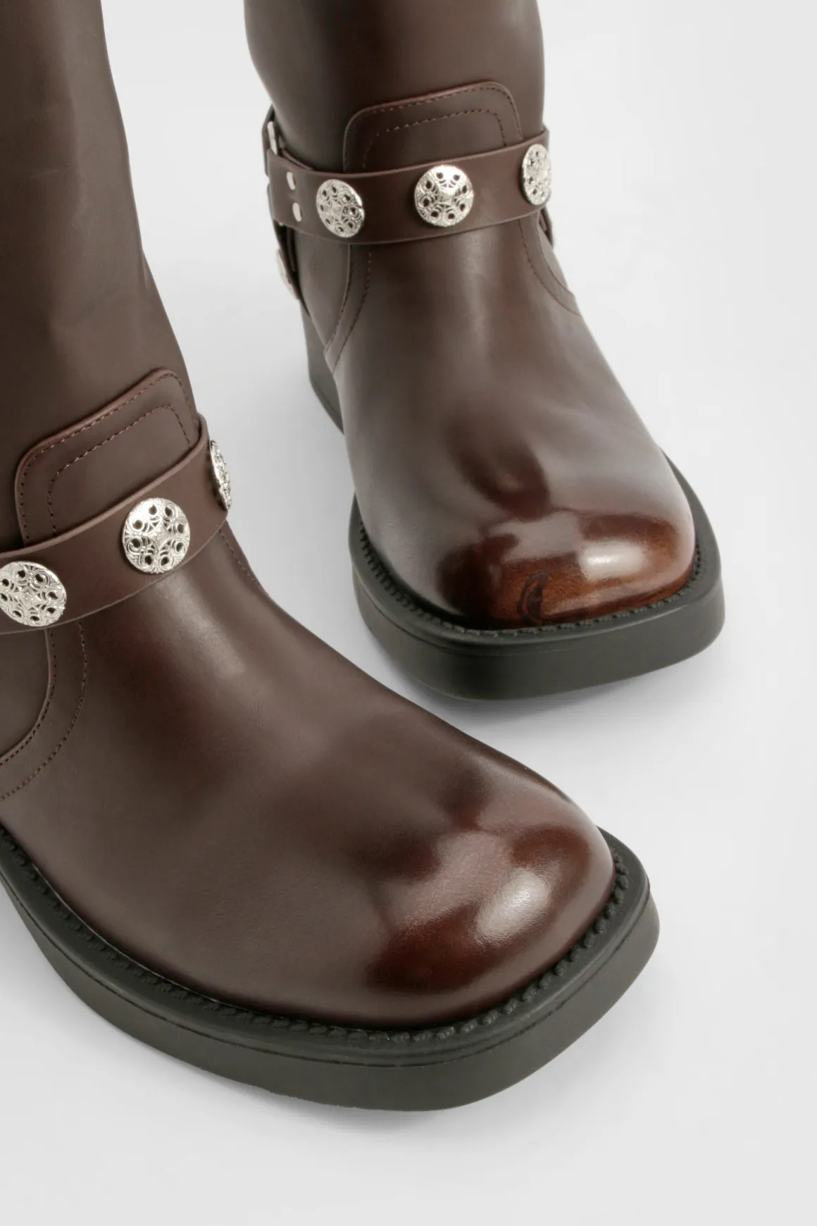 Western Style Buckle Detail Knee High Boots