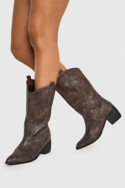 boohoo Wide Fit Vintage Look Tab Detail Ankle Cowboy Western Boots< Looks Chocolat|Looks De Rentrée