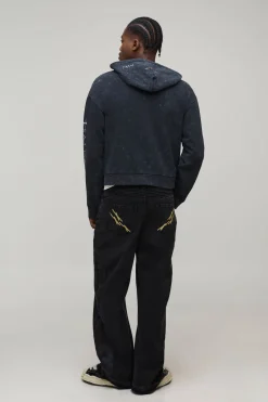 boohooMAN Wide Leg Ripped Moto Applique Jeans<Homme Denim|Denim