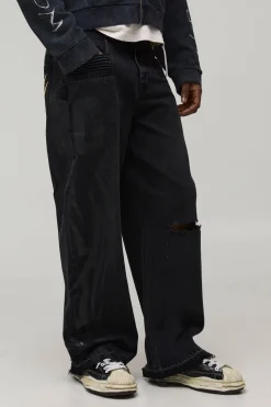 boohooMAN Wide Leg Ripped Moto Applique Jeans<Homme Denim|Denim