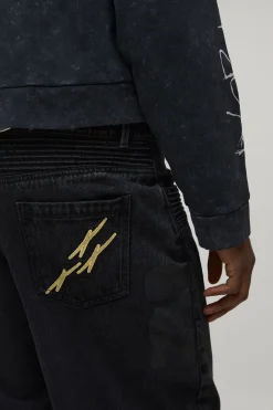 boohooMAN Wide Leg Ripped Moto Applique Jeans<Homme Denim|Denim