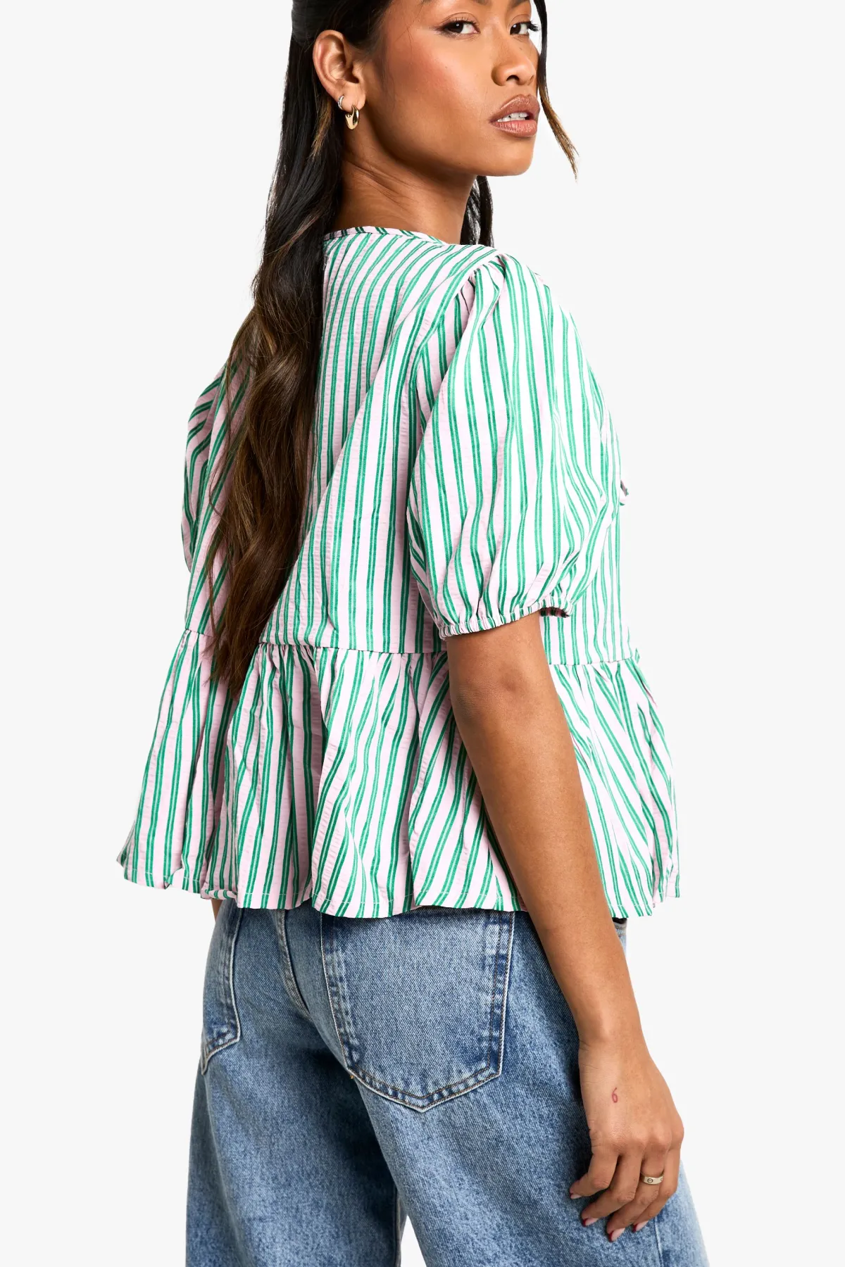 boohoo Wide And Green Stripe Tie Front Puff Sleeve Smock Top<Femme Looks De Rentrée|Tops