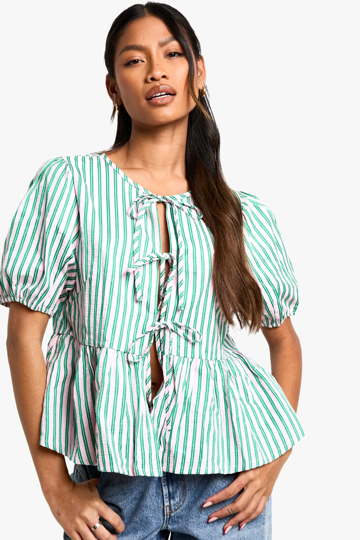boohoo Wide And Green Stripe Tie Front Puff Sleeve Smock Top<Femme Looks De Rentrée|Tops