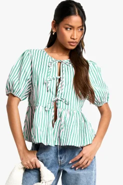 boohoo Wide And Green Stripe Tie Front Puff Sleeve Smock Top<Femme Looks De Rentrée|Tops
