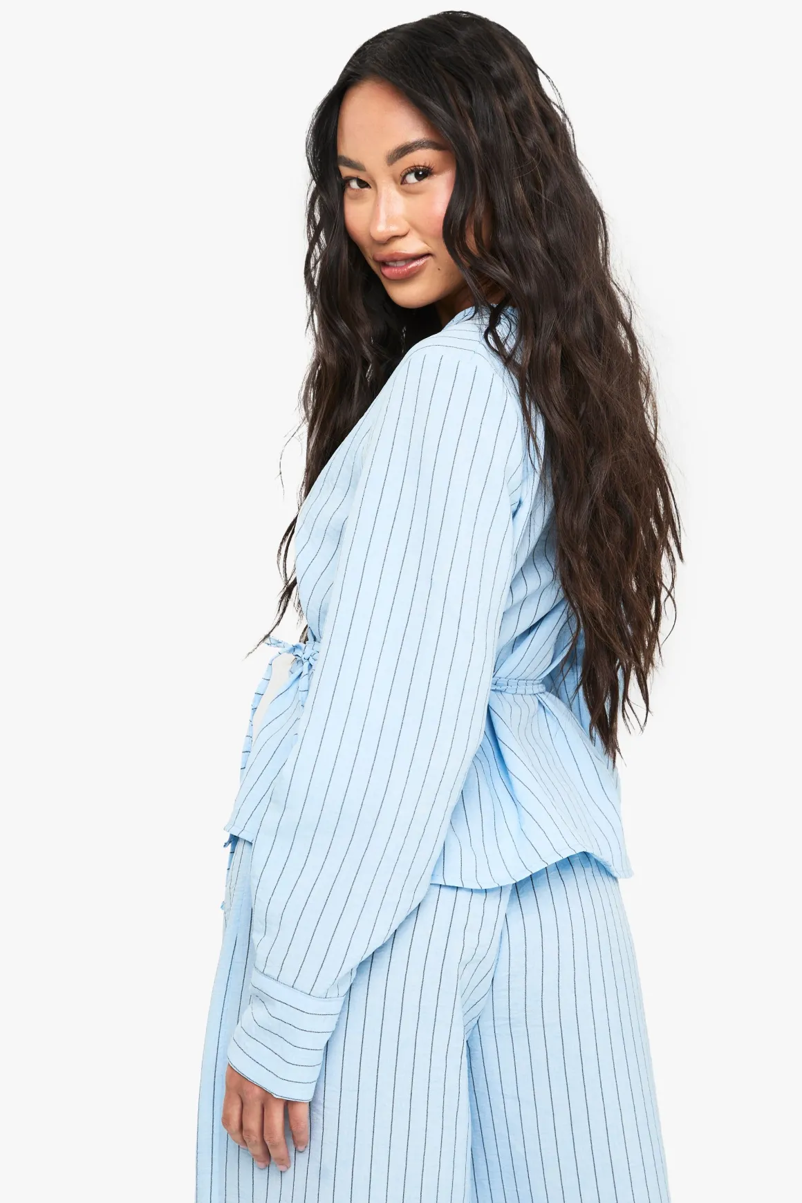 Woven Striped Wrap Tie Detail Top