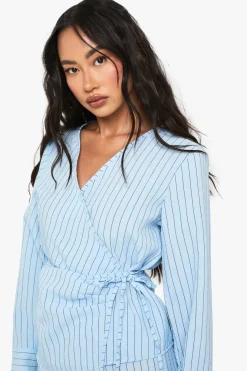 Woven Striped Wrap Tie Detail Top