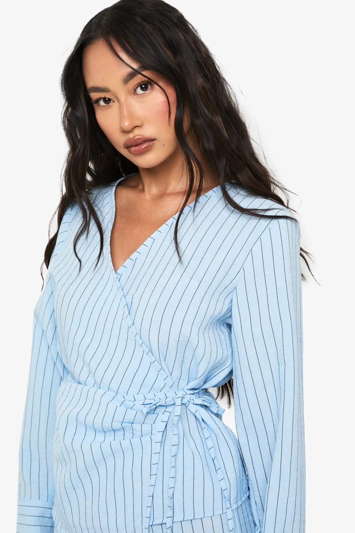 Woven Striped Wrap Tie Detail Top