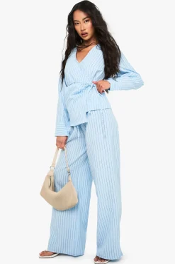 Woven Striped Wrap Tie Detail Top