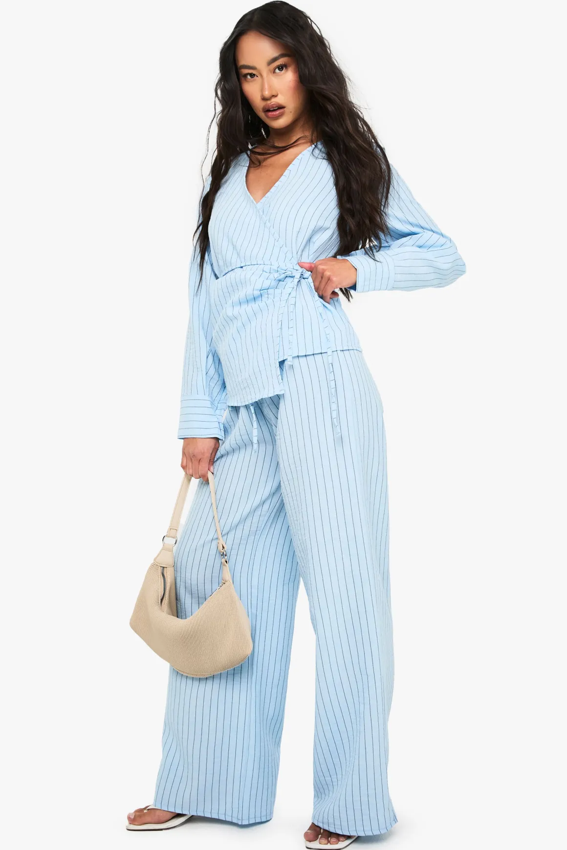 Woven Striped Wrap Tie Detail Top