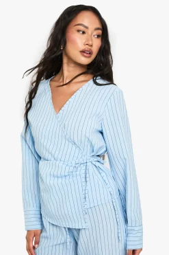 Woven Striped Wrap Tie Detail Top