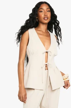 boohoo Woven Tie Front Pleated Waistcoat<Femme Tailleurs|Tops